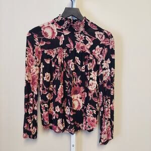 Lucky Brand Floral Top M Mock Neck Long Sleeve Whimsigoth Dark Coquette Fairy